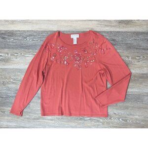 Victor Costa Occasion Sz L Orange/Pink Beaded Sequin Sweater Knit Top Womens